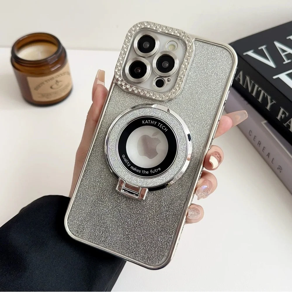Silver Glitter iPhone 14 Plus Case with Ring Holder